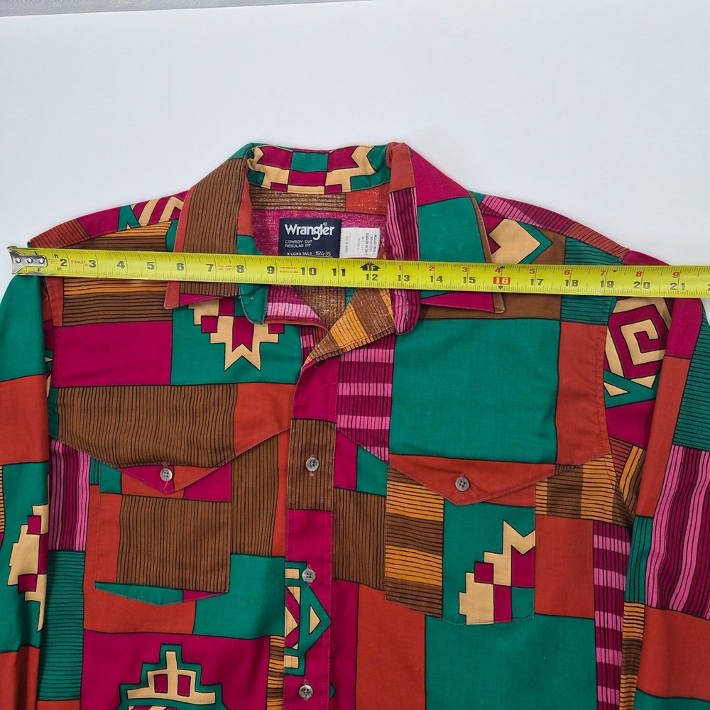 Wrangler Cowboy Cut Western Shirt Mens 16.5-35 Aztec Geometric Patchwork USA - Picture 10 of 11